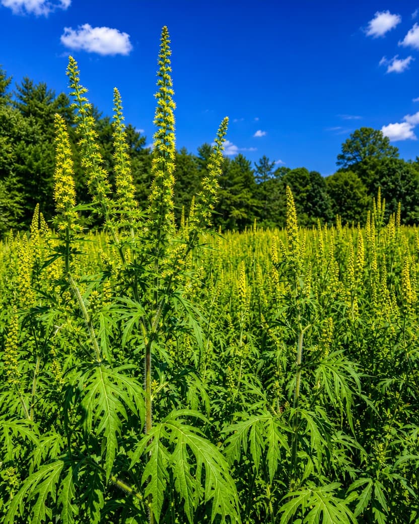 Tall ragweed plants with spikes of small yellow-green flowers filling a sunny field, with trees and blue sky behind.