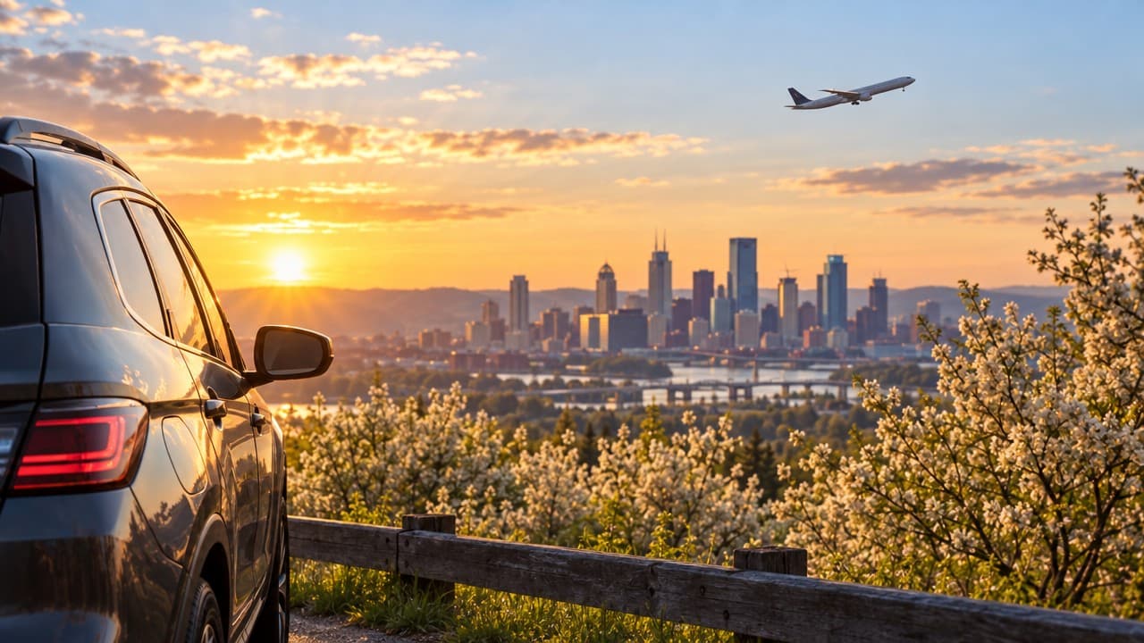 A car parked at an overlook above a city skyline at sunset, with a plane climbing overhead and flowering trees in the foreground.