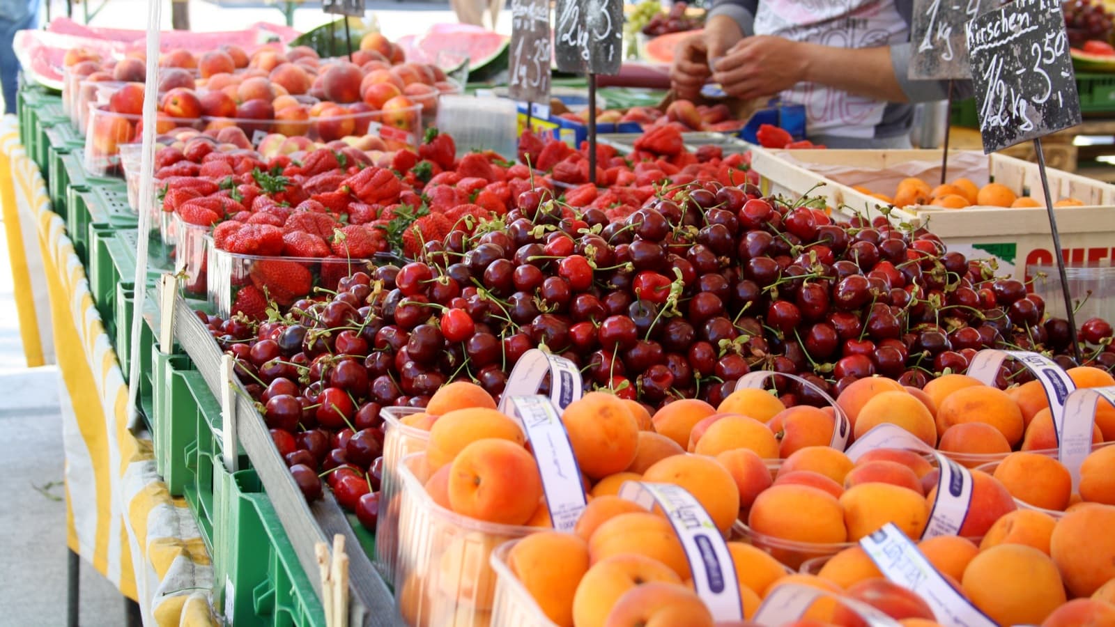 Apricots, cherries, strawberries and peaches at a farmers market stand, including stone fruits that can trigger oral allergy syndrome
