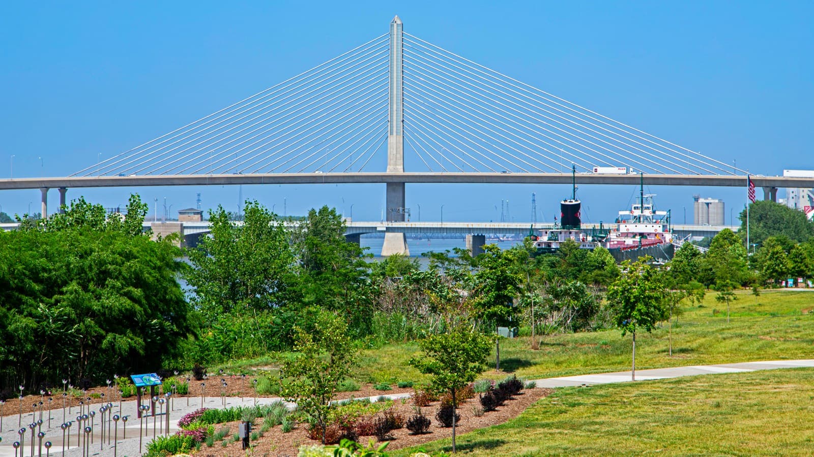 The Veterans' Glass City Skyway bridge rising over the Maumee River in Toledo, Ohio.
